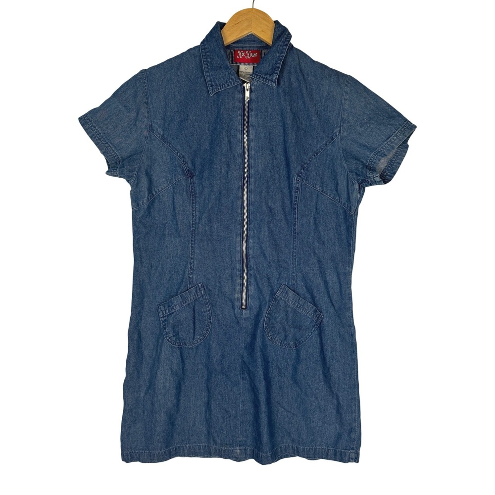 Hot House Vintage Blue Denim Short Sleeve Half Zip Mini‎ Dress Womens Large L